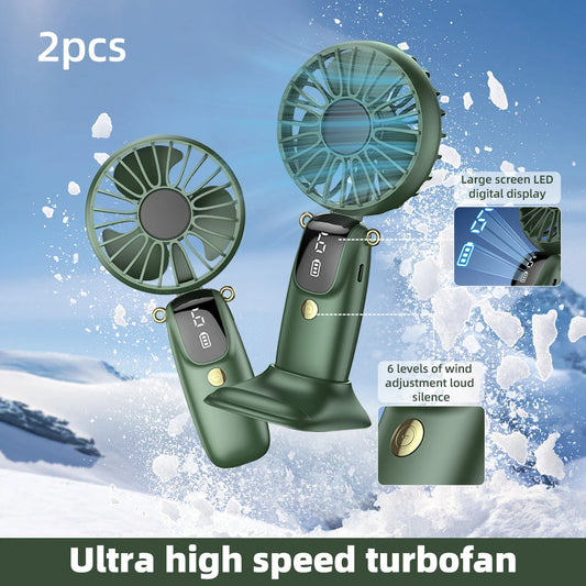 2PCS  Mini Handheld Fan 6 Speed USB Rechargeable Portable Foldable Desk Neck Hanging Fan with Phone Stand